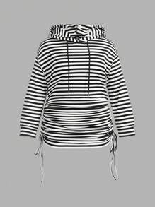 SHEIN EZwear Plus Size Black & White Striped Hoodie Sweatshirt - Black and White - View 1