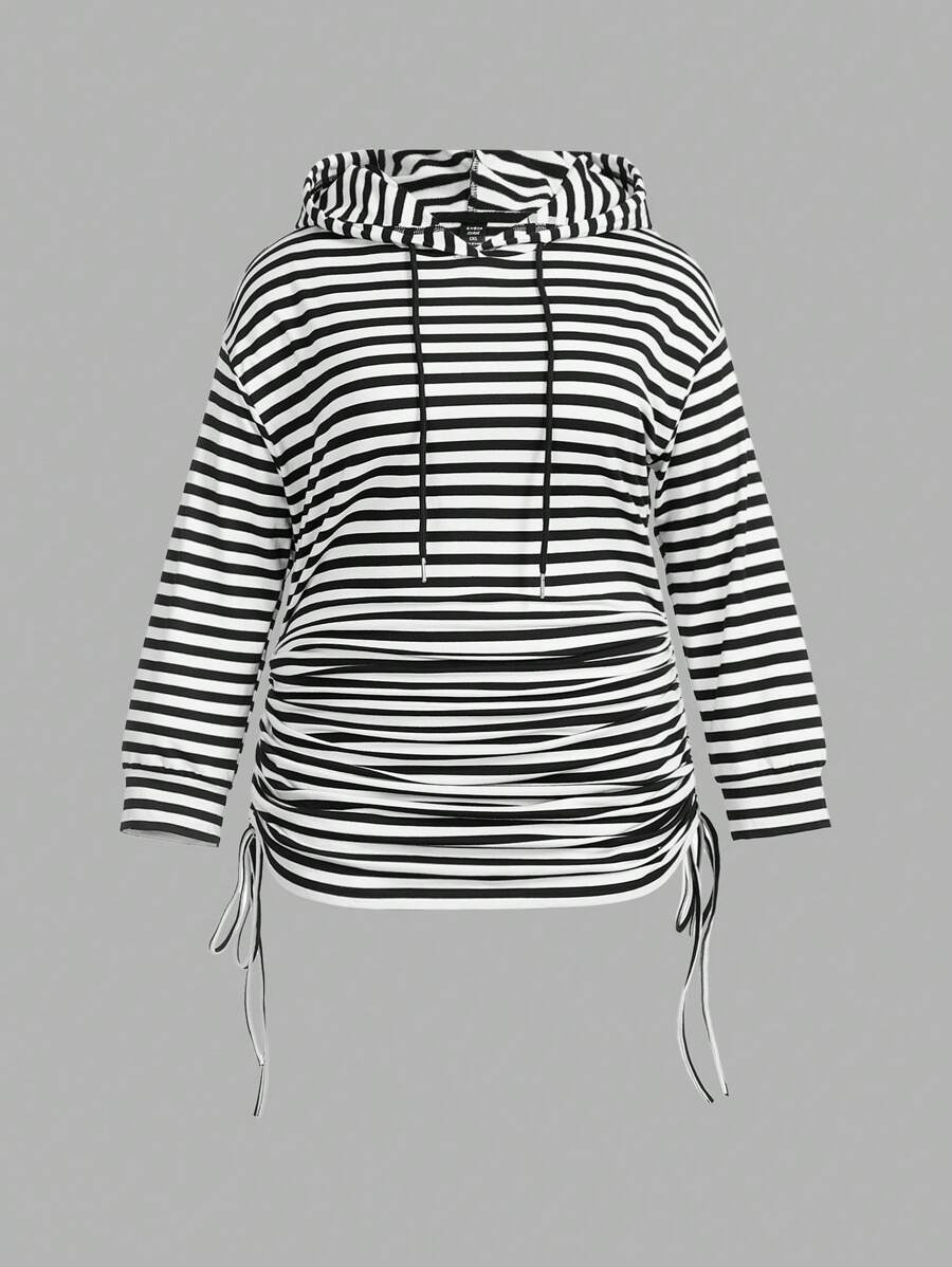 SHEIN EZwear Plus Size Black & White Striped Hoodie Sweatshirt - Black and White - View 1