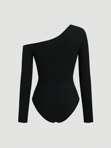 Flirla 黑色不对称肩部褶皱腰身修身长袖连体衣，休闲时尚风格，秋冬必备单品。超级百搭，易于搭配。 - 黑色 - 查看 8