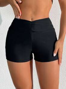 Women's Solid Color Ruched Waist Shiny Boyshort Swim Bottom - Black - View 5