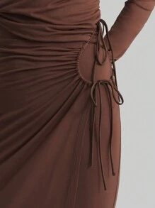 Ontre Knit Fabric Women's Dress, 2025 New Spring Fashion Long Wrap Dress, Round Neck Long Sleeve Brown Fitted Dress, Autumn/Winter Knit Long Sleeve Dress - Coffee Brown - View 6