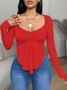 VaVaBold 纯色INS新品方领长袖荷叶边下摆不对称下摆女休闲T恤秋季女装新年衣服