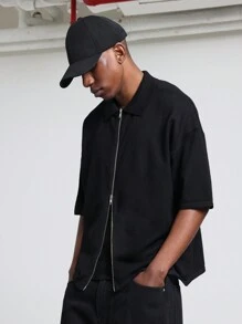 SUMWON Premium Zip Front Knit Polo Shirt Streetwear Half Sleeve Casual Athletic Sports Summer Lightweight Breathable Urban Modern Collared T-Shirt