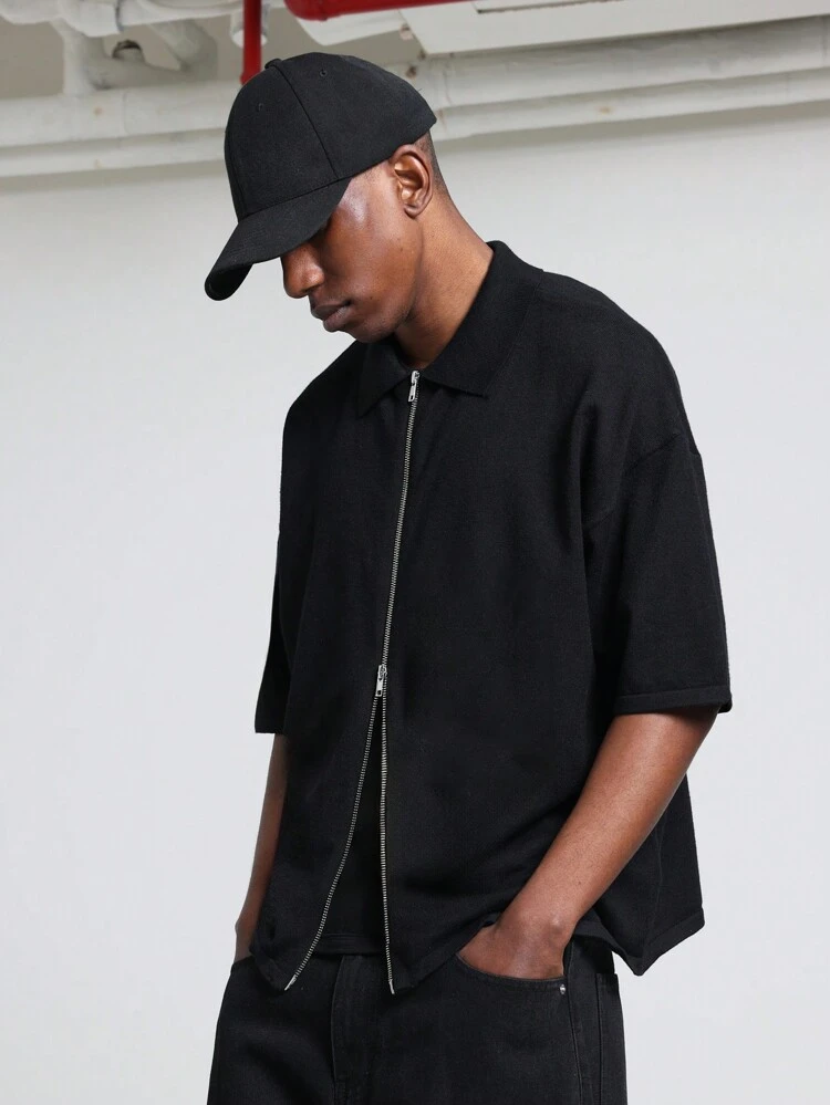 Zip Front Half Sleeve Casual Knit Polo Shirt