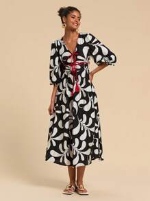 Travachic 2-Tone Printed Lace-Up Casual Daily Dress, Simple & Stylish