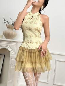 SHEIN WYWH Elegant New Chinese Style Floral Print Splice Ruffle Hem Backless Halter Neck Dress - Champagne - View 5