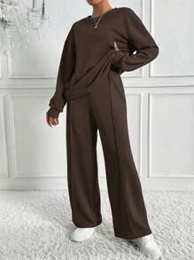 EMERY ROSE Women Autumn Solid Color Round Neck Drop Shoulder Long Sleeve Top And Wide Leg Pants 2 Pieces Loose Casual Set - Coffee Brown - View 7