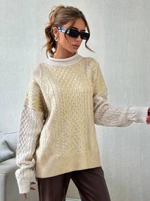 SHEIN Damen Kabel-Strick Rundhals Metall-Beschichtungs-Muster Pullover Kuschelig und Chic