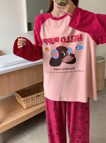 DAZY Cute Cartoon Puppy Print Color Blocking Raglan Sleeve Loose Pajama Set