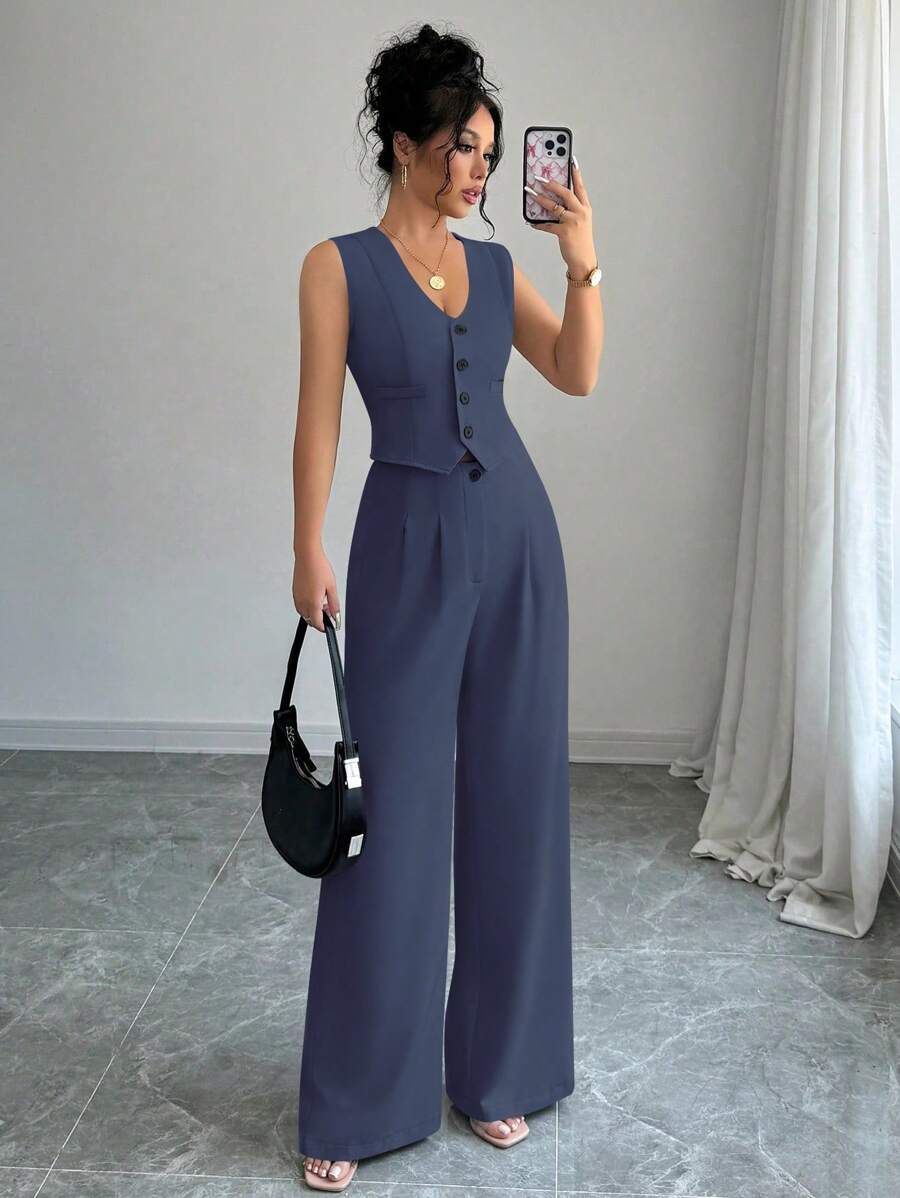 Lyxana Women's Solid Color Front Button Sleeveless Minimalist Top And Full Length Pants Suit Set - Dusty Blue - View 1