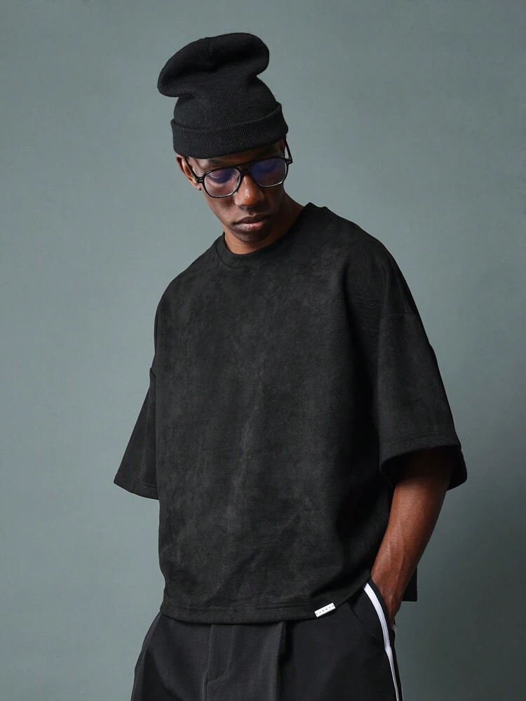 Oversized Suede Texture T-Shirt With Elbow Length Sleeves