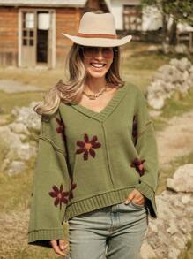 LanaWest Women Countryside Floral V-Neck Drop Shoulder Long Sleeve Loose Sweater Knit Pullover Fall Winter - Green - View 3