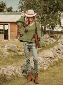 LanaWest Women Countryside Floral V-Neck Drop Shoulder Long Sleeve Loose Sweater Knit Pullover Fall Winter - Green - View 5