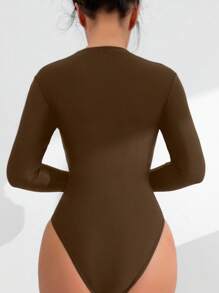 Swim Basics 1pc Plain Zipper Front One-Piece Swimsuit Summer - Brown - View 2