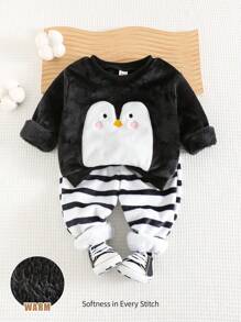 Cozy Pixies 男婴卡通企鹅印花圆领长袖运动衫和条纹长裤两件套，适合日常、运动、跑步的休闲家居服 - 彩色 - 查看 1