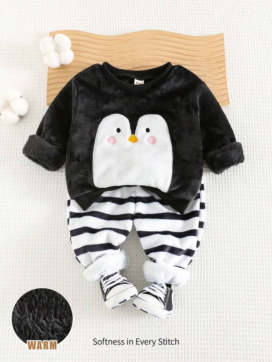 Cozy Pixies 男婴卡通企鹅印花圆领长袖运动衫和条纹长裤两件套，适合日常、运动、跑步的休闲家居服 - 彩色 - 查看 1