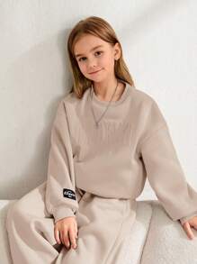 Conjunto de 2 piezas (sudadera y pantalón deportivo) informal suelto para niña preadolescente con detalles grabados con letras y parche gráfico de letras en cuello redondo