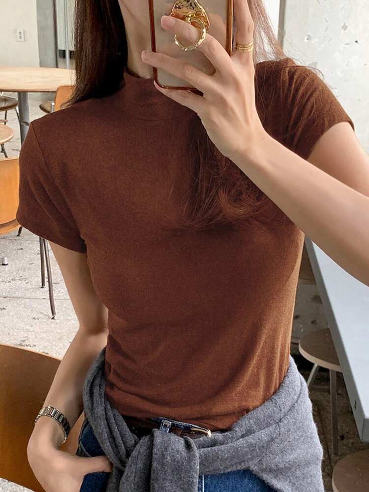 Women's Mock Neck Fitted Short Sleeve Turtleneck Top Preppy Tops