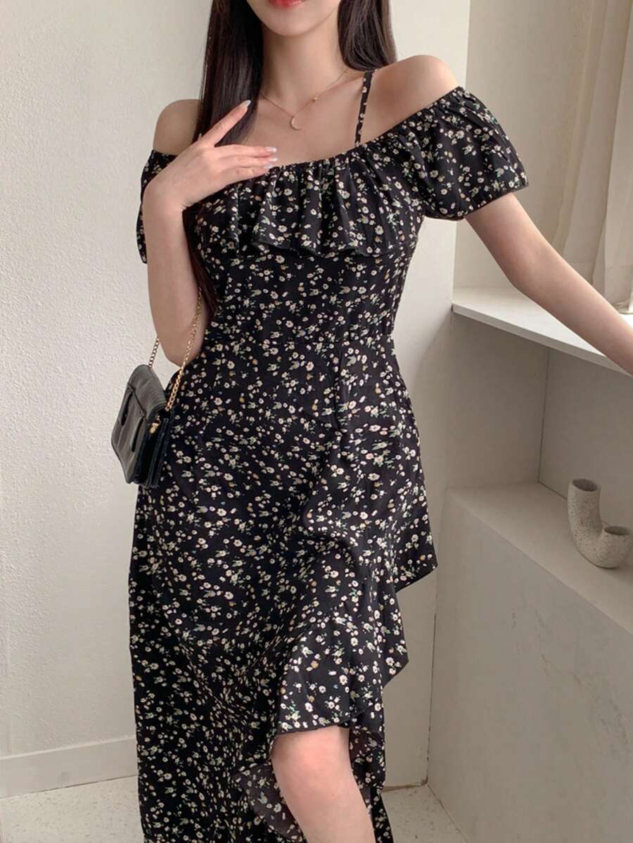 DAZY 女士荷叶边下摆中长连衣裙露肩上衣