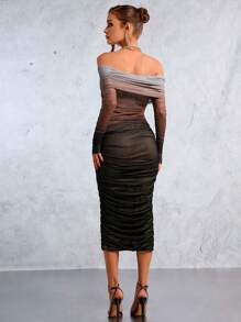 SHEIN SXY 新年婚礼季派对优雅休闲性感夜店情人节约会必备棕黑渐变扎染印花一字肩长袖高弹力褶皱网眼长款修身连衣裙 - 彩色 - 查看 2