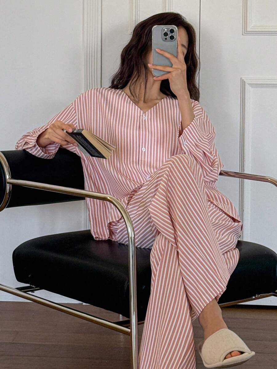 DAZY Simple Stripe Print Long Sleeve Loose 2pcs Women Spring Lounge Set Pajama - Pink - View 1