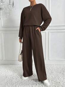 EMERY ROSE Women Autumn Solid Color Round Neck Drop Shoulder Long Sleeve Top And Wide Leg Pants 2 Pieces Loose Casual Set - Coffee Brown - View 5