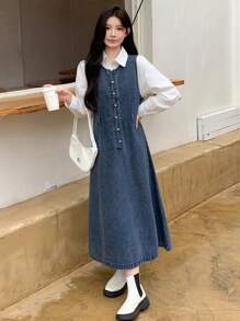 DAZY 女士牛仔背带连衣裙，无袖，秋季服装长款连衣裙 - 中等水洗藍 - 查看 3