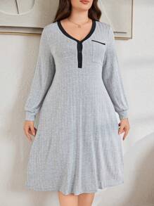 Lazeform Plus Size Women Ribbed Color Blocking Pocket Casual Nightgown Sleepwear