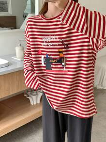 DAZY Graphic Print & Striped Long Sleeve Blouse With Solid Straight Leg Pajama Pants Set