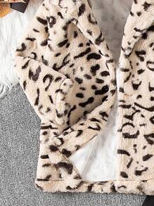 SHEIN 3 件套年轻女孩豹纹毛绒领开衫和围兜裤套装，温暖、舒适、时尚冬季套装 - 彩色 - 查看 5