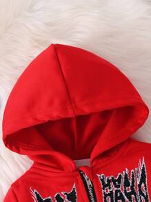 SHEIN Explorewe Bộ 2 áo khoác hoodie và quần thêu chữ cho bé trai, trang phục thường ngày dễ thương thoải mái mềm mại cho mùa thu đông, thích hợp cho hoạt động ngoài trời, mặc hàng ngày, du lịch - Đỏ - Xem 6