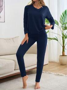 SHEIN Cottnline 2pcs Cotton V Neck Lace Detail Homewear Set - Navy Blue - View 5