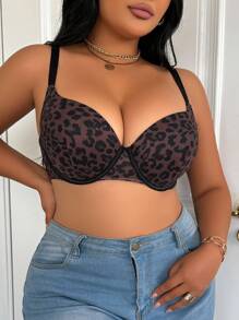 Plus Size Leopard Print Sexy Smooth Push-Up & Wirefree Bra Lingerie, Lift - Multicolor - View 5