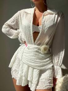 SHEIN Swim Women's Fashionable Solid Color Long Sleeve Cover Up,Summer Beach