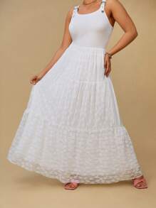 SHEIN VCAY 大码杏色蕾丝分层裙，波西米亚风西部游牧优雅浪漫裙 - 杏色 - 查看 2