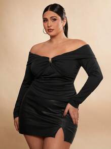 SHEIN BAE Women Plus Size Elegant Metal Snap Button Fitted Sexy Off Shoulder Long Sleeve T-Shirt, Suitable For Girls' Gathering, Party, Solid Black Knitted Stretch