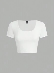 SHEIN EZwear Damska, swobodna, jednokolorowa, kwadratowa, obcisła koszulka z krótkim rękawem i kwadratowym dekoltem