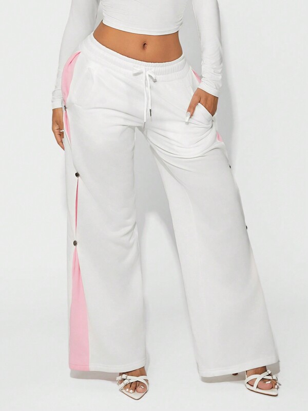 SHEIN SXY Low Waist Loose Fit Thermal Thermal Lined Sweatpants, White And Pink Color Block, Autumn/Winter