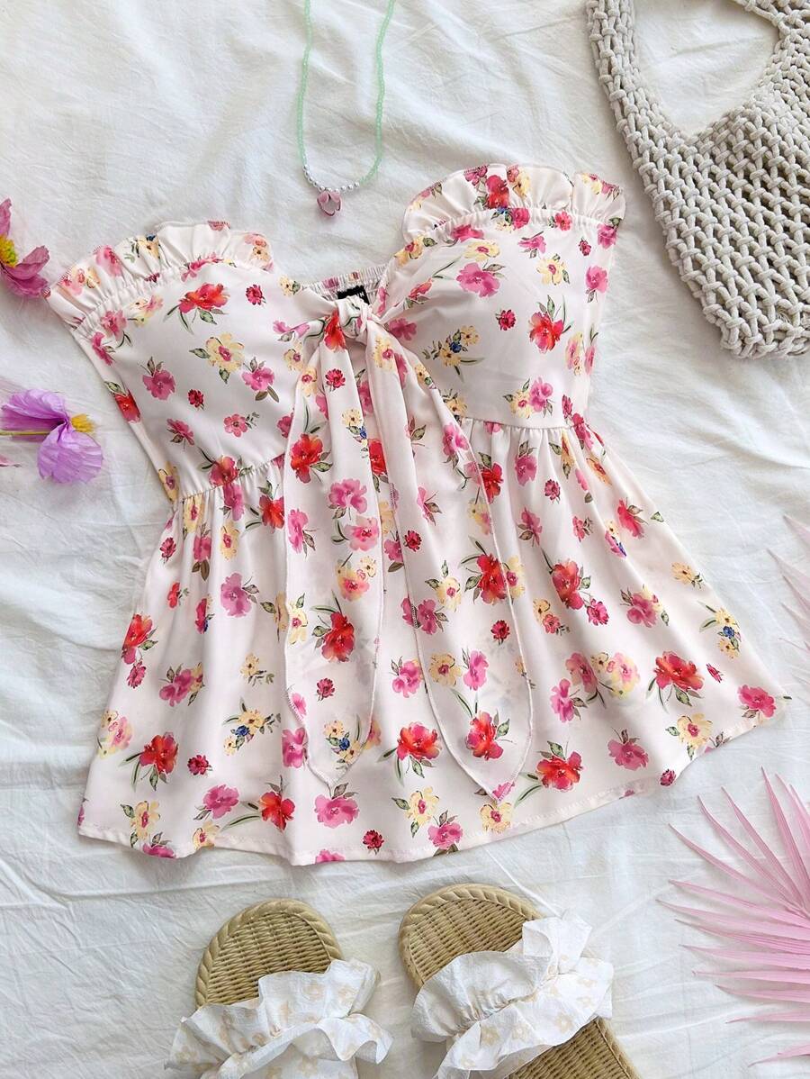 Soleia Women's Vacation Ruffle Trim Floral Print Tube Top - Multicolor - View 1