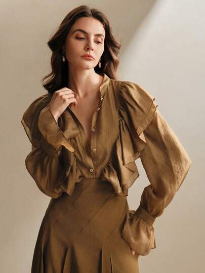 Anewsta Elegant Office Commute Ruffle Trim Blouse, Brown Shirt Top For Women New Year