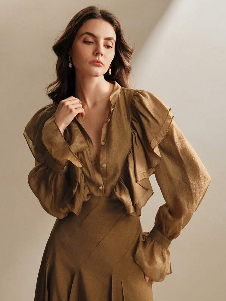 Élégante blouse de bureau à volants, Top chemise marron pour femmes, Nouvel An