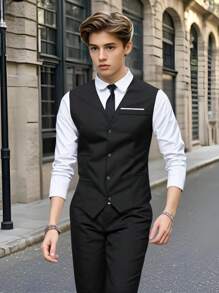 SHEIN 2 pièces Ensemble costume pour garçons adolescents, style de gentleman ajusté mince Gilet + Pantalon long de haute qualité, tenue de soirée élégante pour anniversaire, banquet, mariage