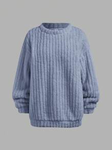 SHEIN Girlism Teen Girls' Fluffy Knitted Loose Casual Versatile Crew Neck Sweatshirt, Autumn/Winter - Dusty Blue - View 10