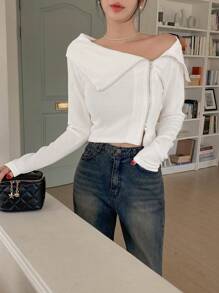 DAZY 女士露肩斜襟短款修身T恤，秋季服装长袖女式上衣