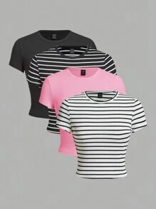 SHEIN EZwear 4 قطع تيشيرتات ذات خطوط باللونين الأسود والوردي الأساسية، بسيطة وعملية متعددة الاستخدامات - وردي - مشاهدة 1