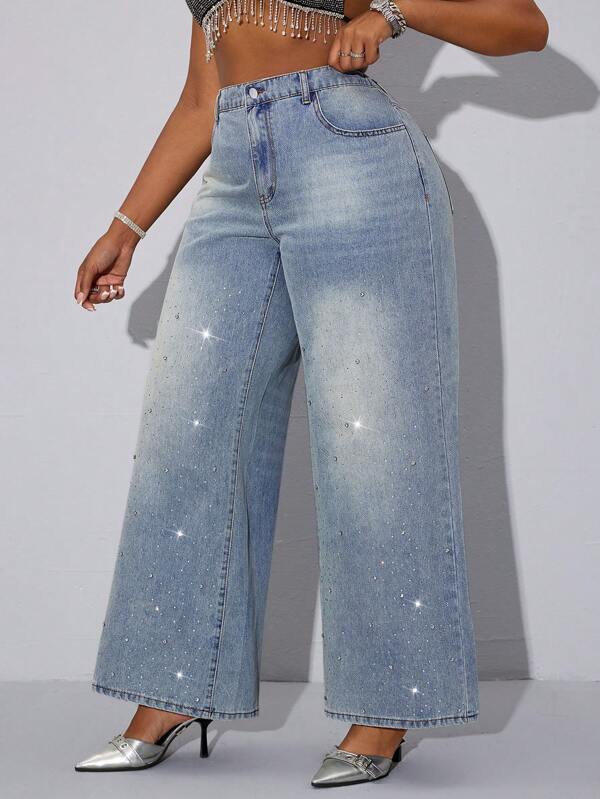 SHEIN SXY Jeans de pierna ancha con lavado casual y piedras de rhinestones decorativas para tallas grandes
