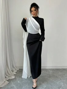 Rafferiza 女士优雅轻盈派对连衣裙，黑白拼色网眼披肩领腰部修饰鱼尾连衣裙，秋冬长款女装 - 黑色 - 查看 5