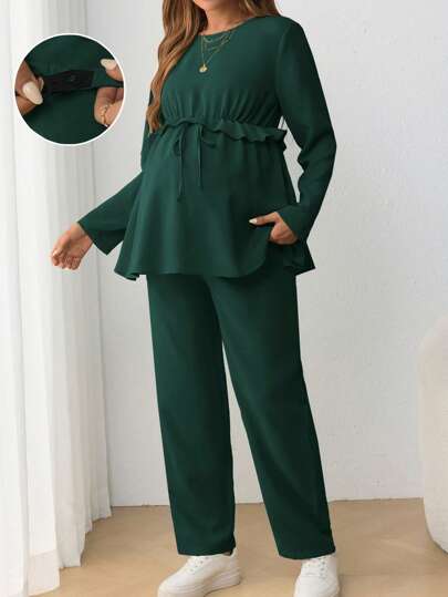 SHEIN 2pcs Maternity Casual Round Neck Long Sleeve Adjustable Waist Fitted T-Shirt Set