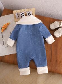 Bộ đồ liền thân mùa đông dài tay lót nhiệt hiệu ứng denim dày cho bé gái có cổ lông - Màu xanh lam - Xem 2