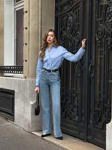 Calvaya Blauwe lange mouw losse overshirt zonnebrand jas gelaagde top